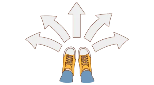 Yellow, blue and white on transparent background. Two yellow shoes with arrows pointing in different direction to depict different paths. 