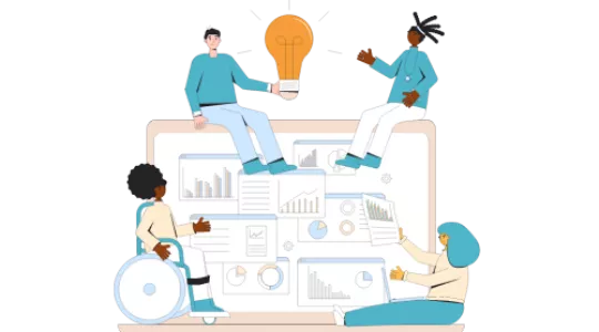 Various colors on transparent background. 4 youth sitting on an oversized laptop displaying data and charts. One youth is holding a lightbulb to depict sharing of ideas. 