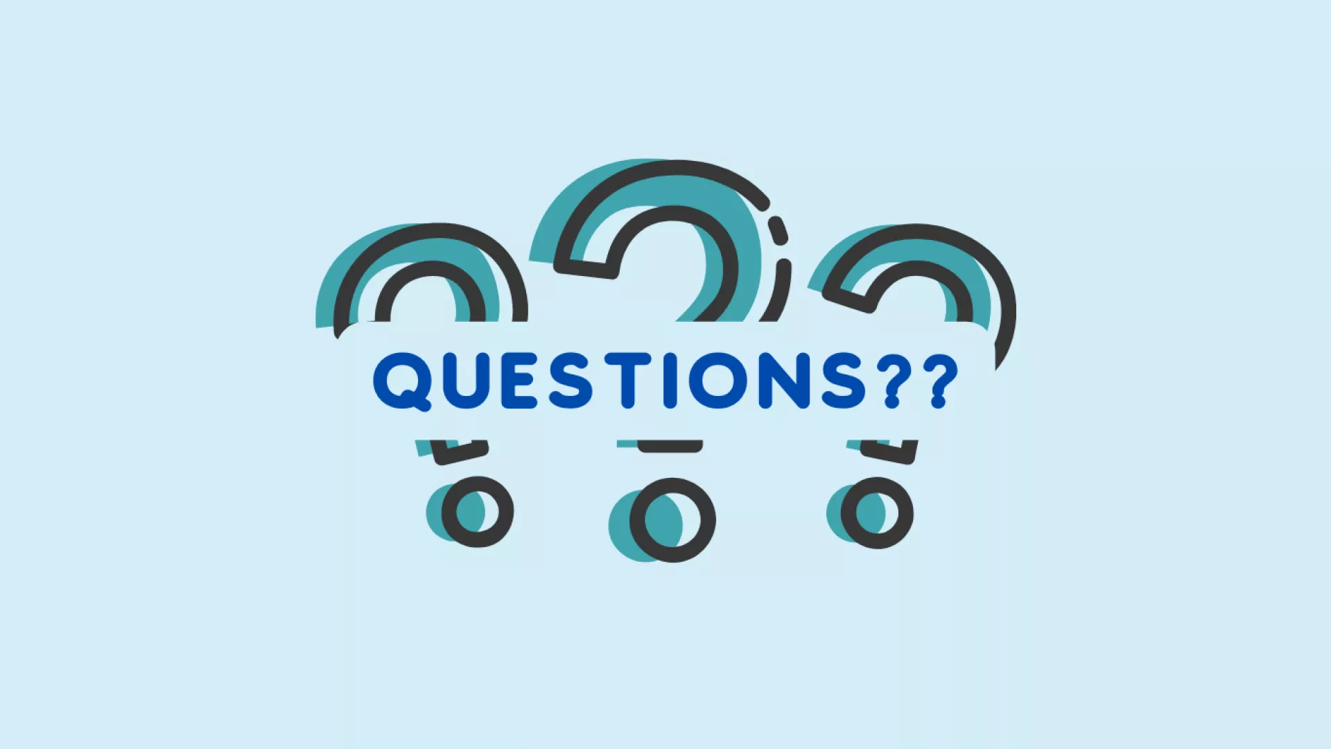 Dark blue text "Questions??" on light Blue background with teal question mark graphic in background. 